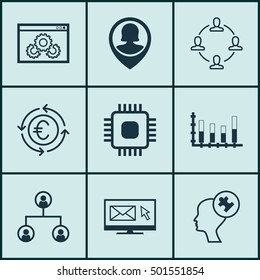 Set Of 9 Universal Editable Icons For Computer Hardware, Project Management And Human Resources Topics. Includes Icons Such As Human Mind, Tree Structure, Newsletter And More.