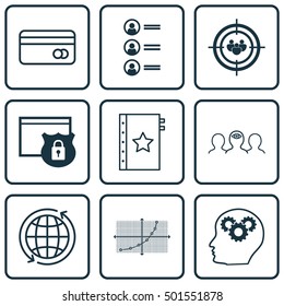 Set Of 9 Universal Editable Icons For Marketing, SEO And Project Management Topics. Includes Icons Such As Security, Warranty, Job Applicants And More.