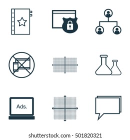 Set Of 9 Universal Editable Icons For Education, Advertising And Travel Topics. Includes Icons Such As Security, Forbidden Mobile, Tree Structure And More.