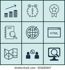 Set Of 9 Universal Editable Icons For SEO, Project Management And Management Topics. Includes Icons Such As Road Map, Time Management, Coins Growth And More.
