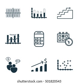 Set Of 9 Universal Editable Icons For Advertising, Hr And Airport Topics. Includes Icons Such As Calculation, Growth, SEO Brainstorm And More.