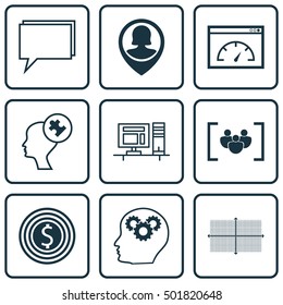 Set Of 9 Universal Editable Icons For Statistics, Advertising And SEO Topics. Includes Icons Such As Brain Process, Pin Employee, Questionnaire And More.
