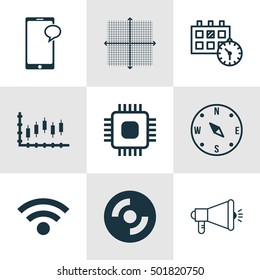 Set Of 9 Universal Editable Icons For Statistics, Marketing And Traveling Topics. Includes Icons Such As Appointment, Graphical Grid, Chip And More.