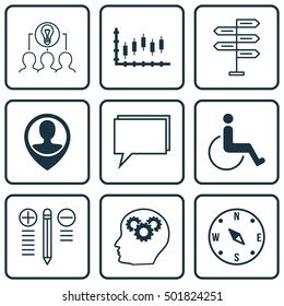 Set Of 9 Universal Editable Icons For Traveling, SEO And Business Management Topics. Includes Icons Such As Collaborative Solution, Decision Making, Employee Location And More.