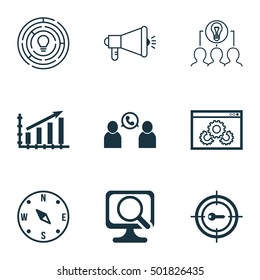 Set Of 9 Universal Editable Icons For Airport, Advertising And Business Management Topics. Includes Icons Such As Media Campaign, Keyword Marketing, Website Performance And More.