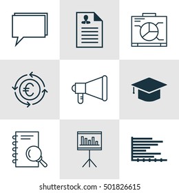 Set Of 9 Universal Editable Icons For Management, Statistics And Project Management Topics. Includes Icons Such As Bars Chart, Currency Recycle, Board And More.