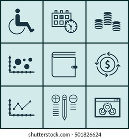 Set Of 9 Universal Editable Icons For Advertising, Project Management And Transportation Topics. Includes Icons Such As Website Performance, Changes Graph, Money And More.