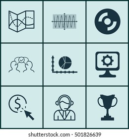 Set Of 9 Universal Editable Icons For Statistics, Computer Hardware And Marketing Topics. Includes Icons Such As Operator, Sinus Graph, Blank Cd And More.