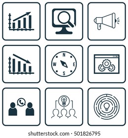 Set Of 9 Universal Editable Icons For Business Management, SEO And Computer Hardware Topics. Includes Icons Such As Profit Graph, Collaborative Solution, Innovation And More.