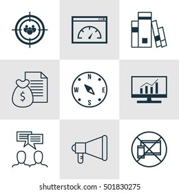 Set Of 9 Universal Editable Icons For Transportation, Marketing And Advertising Topics. Includes Icons Such As Market Research, Announcement, Loading Speed And More.