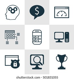 Set Of 9 Universal Editable Icons For Human Resources, Project Management And Computer Hardware Topics. Includes Icons Such As Calculation, Security, Laptop And More.