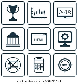 Set Of 9 Universal Editable Icons For Traveling, Human Resources And Advertising Topics. Includes Icons Such As PC, Newsletter, Stock Market And More.