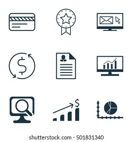 Set Of 9 Universal Editable Icons For Travel, Project Management And Statistics Topics. Includes Icons Such As Successful Investment, Newsletter, Market Research And More.