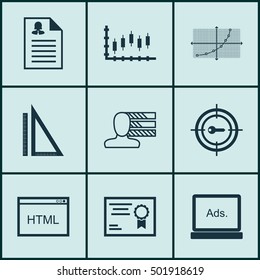Set Of 9 Universal Editable Icons For Hr, School And Project Management Topics. Includes Icons Such As Digital Media, Stock Market, Female Application And More.