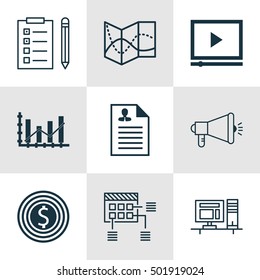 Set Of 9 Universal Editable Icons For Statistics, Human Resources And Marketing Topics. Includes Icons Such As Schedule, Reminder, Media Campaign And More.