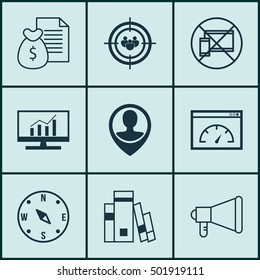 Set Of 9 Universal Editable Icons For Transportation, Marketing And Education Topics. Includes Icons Such As Announcement, Focus Group, Locate And More.