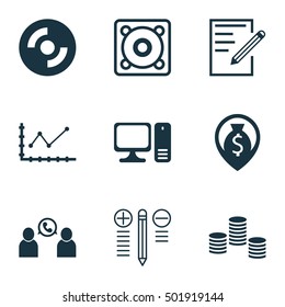 Set Of 9 Universal Editable Icons For School, Human Resources And Project Management Topics. Includes Icons Such As Music, Money, Changes Graph And More.