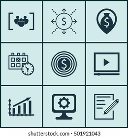 Set Of 9 Universal Editable Icons For Human Resources, Airport And Computer Hardware Topics. Includes Icons Such As Money Navigation, Appointment, PC And More.