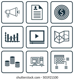 Set Of 9 Universal Editable Icons For Advertising, Project Management And Statistics Topics. Includes Icons Such As Raise Diagram, Computer, Business Goal And More.