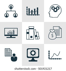 Set Of 9 Universal Editable Icons For School, Computer Hardware And Advertising Topics. Includes Icons Such As Achievement Graph, Report, Market Research And More.