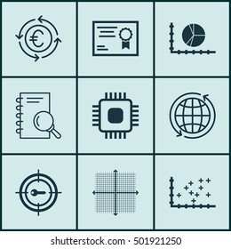 Set Of 9 Universal Editable Icons For Education, Computer Hardware And Tourism Topics. Includes Icons Such As Graphical Grid, Currency Recycle, Plot Diagram And More.