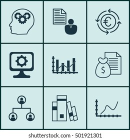 Set Of 9 Universal Editable Icons For Management, Project Management And Statistics Topics. Includes Icons Such As PC, Brain Process, Currency Recycle And More.