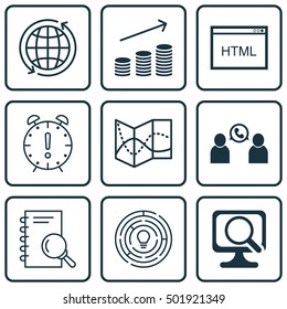 Set Of 9 Universal Editable Icons For Computer Hardware, Project Management And SEO Topics. Includes Icons Such As World, Innovation, Laptop And More.