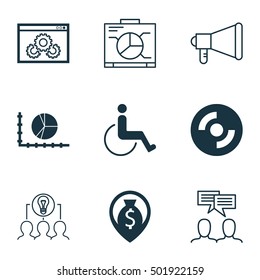Set Of 9 Universal Editable Icons For Human Resources, Marketing And Travel Topics. Includes Icons Such As Collaborative Solution, Blank Cd, Discussion And More.