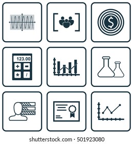 Set von 9 universellen bearbeitbaren Symbolen für Statistik, Projektmanagement und Schulthemen. Enthält Symbole wie finanzielle, chemische, geschäftliche Ziele und mehr.