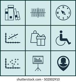 Set Of 9 Universal Editable Icons For Management, School And Travel Topics. Includes Icons Such As Cosinus Diagram, Analytics, Accessibility And More.
