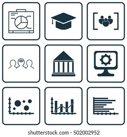 Set Of 9 Universal Editable Icons For Business Management, Computer Hardware And Advertising Topics. Includes Icons Such As Board, Education Center, Bars Chart And More