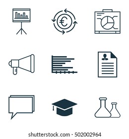 Set Of 9 Universal Editable Icons For School, Tourism And Statistics Topics. Includes Icons Such As Currency Recycle, Board, Conference And More.