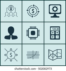 Set Of 9 Universal Editable Icons For Computer Hardware, Travel And Statistics Topics. Includes Icons Such As Financial, Money, Manager And More.