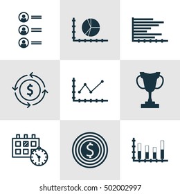 Set Of 9 Universal Editable Icons For Transportation, Management And Hr Topics. Includes Icons Such As Tournament, Money Recycle, Segmented Bar Graph And More.