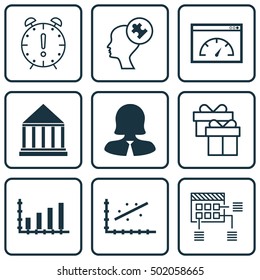 Set Of 9 Universal Editable Icons For Education, Airport And Statistics Topics. Includes Icons Such As Present, Analytics, Dynamics And More.