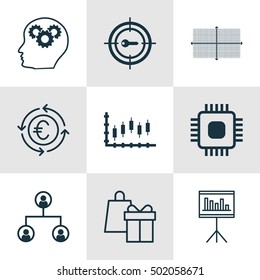 Set Of 9 Universal Editable Icons For Computer Hardware, Project Management And Airport Topics. Includes Icons Such As Stock Market, Presentation, Currency Recycle And More.
