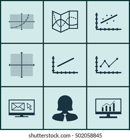 Set Of 9 Universal Editable Icons For Airport, Marketing And Statistics Topics. Includes Icons Such As Analytics, Road Map, Changes Graph And More.