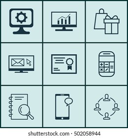 Set Of 9 Universal Editable Icons For Project Management, Marketing And Computer Hardware Topics. Includes Icons Such As PC, Market Research, Calculation And More.
