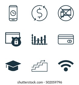 Set Of 9 Universal Editable Icons For Computer Hardware, Statistics And Airport Topics. Includes Icons Such As Security, Money Transfer, Call Duration And More.