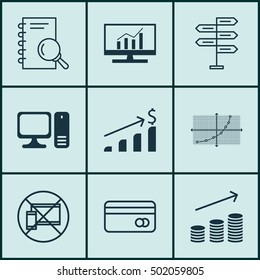 Set Of 9 Universal Editable Icons For Project Management, Airport And Marketing Topics. Includes Icons Such As Desktop Computer, Analysis, Plastic Card And More.