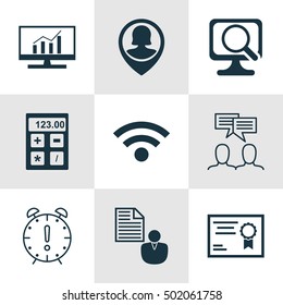 Set Of 9 Universal Editable Icons For Project Management, Human Resources And Education Topics. Includes Icons Such As Laptop, Certificate, Wireless And More.