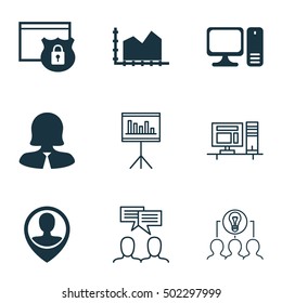Set Of 9 Universal Editable Icons. Can Be Used For Web, Mobile And App Design. Includes Icons Such As Sequence Graphics, Business Woman, Employee Location And More.