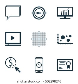 Set Of 9 Universal Editable Icons. Can Be Used For Web, Mobile And App Design. Includes Icons Such As Conference, Keyword Marketing, Certificate And More.