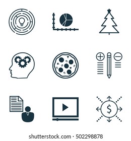 Set Of 9 Universal Editable Icons. Can Be Used For Web, Mobile And App Design. Includes Icons Such As Money, Pizza Meal, Circle Graph And More.