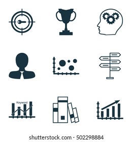Set Of 9 Universal Editable Icons. Can Be Used For Web, Mobile And App Design. Includes Icons Such As Keyword Marketing, Brain Process, Profit Graph And More.