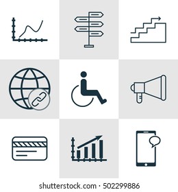 Set Of 9 Universal Editable Icons. Can Be Used For Web, Mobile And App Design. Includes Icons Such As Growth, Announcement, Accessibility And More.