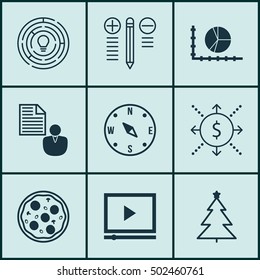 Set Of 9 Universal Editable Icons. Can Be Used For Web, Mobile And App Design. Includes Icons Such As Video Player, Locate, Innovation And More.