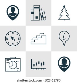 Set Of 9 Universal Editable Icons. Can Be Used For Web, Mobile And App Design. Includes Icons Such As Info Pointer, Locate, Stock Market And More.