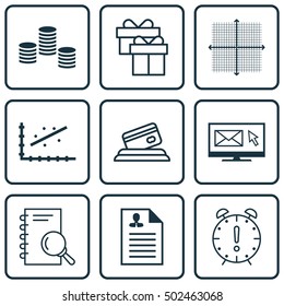 Set Of 9 Universal Editable Icons. Can Be Used For Web, Mobile And App Design. Includes Icons Such As Time Management, Graphical Grid, Money And More.