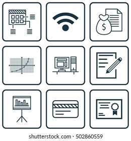 Set Of 9 Universal Editable Icons For Computer Hardware, Project Management And Travel Topics. Includes Icons Such As Schedule, Report, Wireless And More.